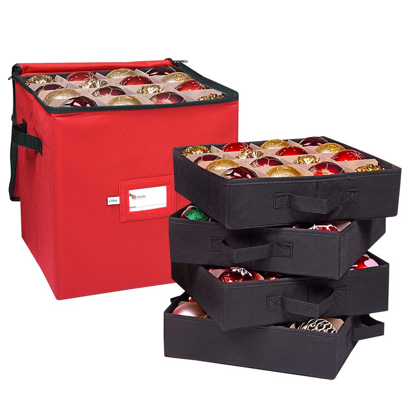 Primode Christmas Ornament Storage Box, 4 Individual Trays Xmas Storage Container, Fits 64 Ornaments Decoration Balls, Constructed of Durable Polyester Material (Red) - Image 1